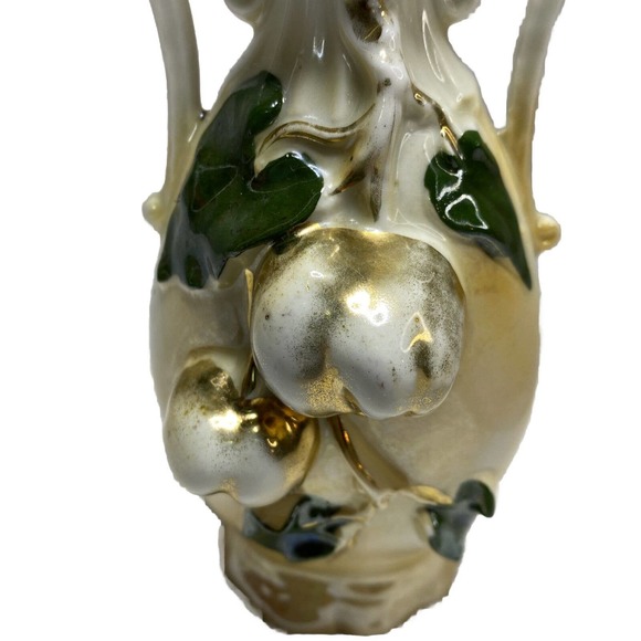 Antique Small Iridescent Two Handled Vase Raised Fruits Leaves Gold G.H. Mumm Co - Picture 8 of 16